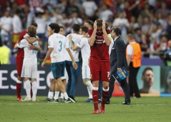 Jordan Henderson of Liverpool devastated during the UEFA Champions League Final match at the NSK Olimpiyskiy Stadium, Kiev. Picture date 26th May 2018. Picture credit should read: David Klein Sportimage EDITORIAL USE ONLY. No use with unauthorised audio, video, data, fixture lists, club league logos or live services. Online in-match use limited to 120 images, no video emulation. No use in betting, games or single club league player publications.
