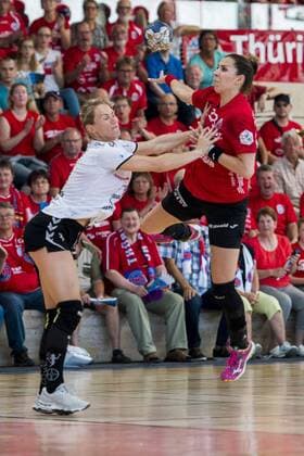 1 HANDBALL DAMEN BUNDESLIGA THURINGIA HC BAYER LEVERKUSEN 26 05 2018 Bad Langensalza Iveta Luzumova 18 Thuringia HC vs Civil Jurgutyte 3 TSV Bayer 04 Leverkusen in Women 1 Bundesliga Handball match of Thuringia HC vs TSV Bayer 04 Leverkusen on 26 May 2018 in Bad Langensalza