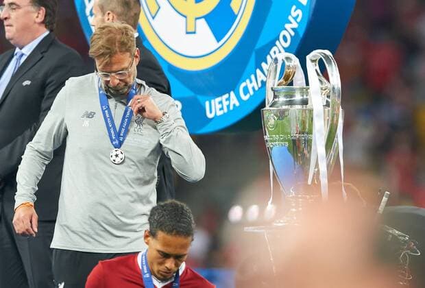 Juergen KLOPP Coach Liverpool emotions disappointed disappointment frustration frustrated sadness sad desperate desperation next to Champions League Trophy Trophy Pott ceremony REAL MADRID FC LIVERPOOL Football UEFA Champions League Final Kiev Ukraine May 26 2018 CL Season 2017 2018