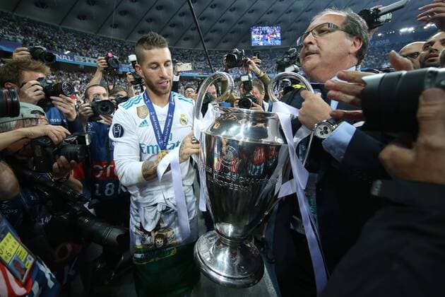 Real Madrid v Liverpool UEFA Champions League Final Sergio Ramos of Real Madrid with the trophy at the end of the UEFA Champions League Final at the Olympic Stadium, Kiev Content Not Available For UK Newspapers Copyright: xPaulxChestertonx FIL-11844-0062