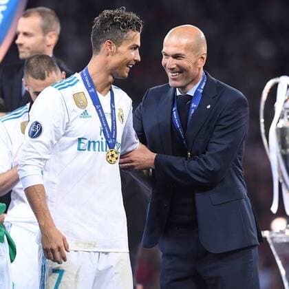 Football Champions League Final Real Madrid Liverpool on 26 05 2018 at the Olympic Stadium in Kiev Cristiano Ronaldo Madrid left Zinedine Zidane coach Madrid right xRx