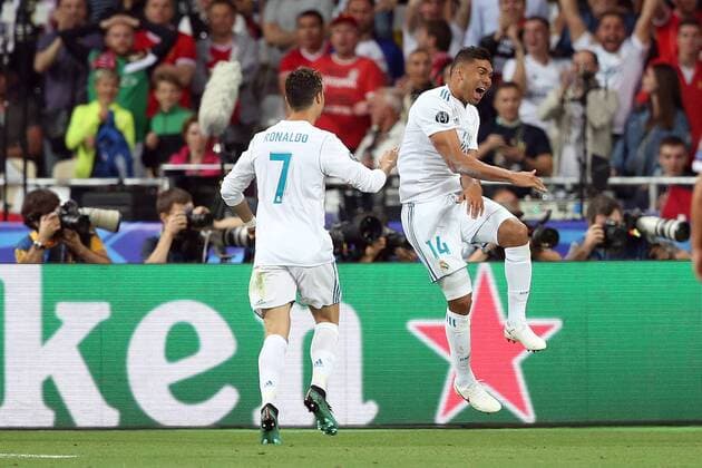 Real Madrid v Liverpool UEFA Champions League Final Casemiro of Real Madrid and Cristiano Ronaldo of Real Madrid celebrate their side?s 1st goal during the UEFA Champions League Final at the Olympic Stadium, Kiev Content Not Available For UK Newspapers Copyright: xPaulxChestertonx FIL-11844-0097