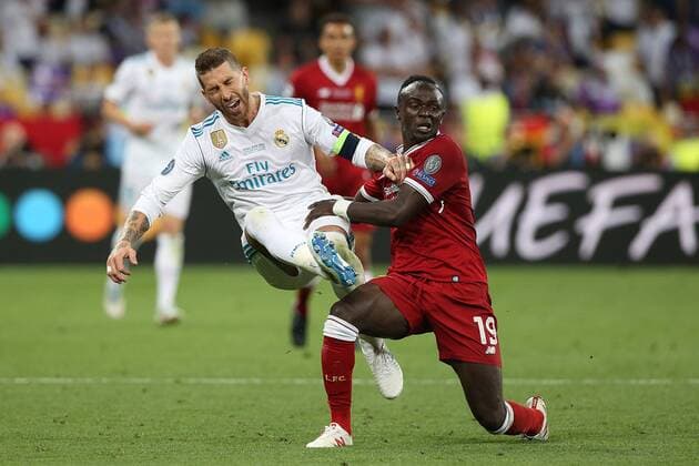 Real Madrid v Liverpool UEFA Champions League Final Sergio Ramos of Real Madrid is fouled by Sadio Mane of Liverpool during the UEFA Champions League Final at the Olympic Stadium, Kiev Content Not Available For UK Newspapers Copyright: xPaulxChestertonx FIL-11844-0143
