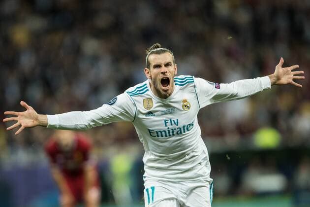 (180527) -- KIEV, May 27, 2018 -- Gareth Bale of Real Madrid celebrates scoring during the UEFA Champions League final match between Liverpool and Real Madrid in Kiev, Ukraine on May 26, 2018. Real Madrid claimed the title with 3-1. ) (SP)UKRAINE-KIEV-CHAMPIONS LEAGUE-LIVERPOOL-REAL MADRID Wuzhuang 