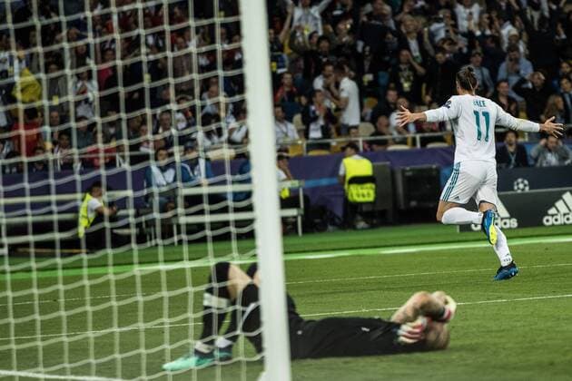 (180527) -- KIEV, May 27, 2018 -- Gareth Bale of Real Madrid celebrates scoring during the UEFA Champions League final match between Liverpool and Real Madrid in Kiev, Ukraine on May 26, 2018. Real Madrid claimed the title with 3-1. ) (SP)UKRAINE-KIEV-CHAMPIONS LEAGUE-LIVERPOOL-REAL MADRID Wuzhuang 