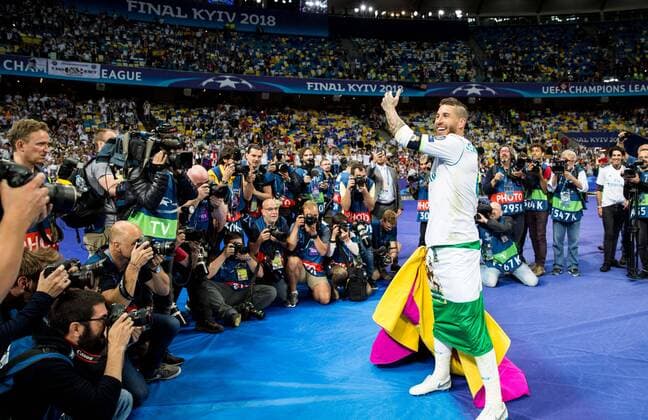 (180527) -- KIEV, May 27, 2018 -- Sergio Ramos of Real Madrid celebrates after the UEFA Champions League final match between Liverpool and Real Madrid in Kiev, Ukraine, on May 26, 2018. Real Madrid claimed the title with 3-1. ) (SP)UKRAINE-KIEV-CHAMPIONS LEAGUE-LIVERPOOL-REAL MADRID WuxZhuang 
