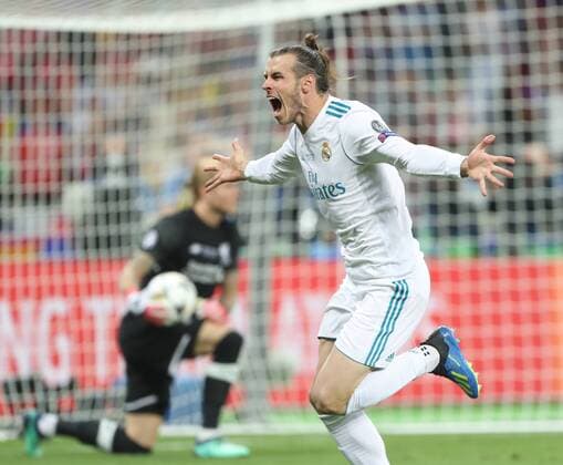 May 26, 2018 - Kiev, Ukraine - Gareth Bale of Real Madrid celebrates scoring his side s second goal during the UEFA Champions League Final between Real Madrid and Liverpool at NSC Olimpiyskiy Stadium on May 26, 2018 in Kiev, Ukraine. Real Madrid v Liverpool - UEFA Champions League Final  - ZUMAn230 20180526_zaa_n230_1375 Copyright: xRaddadxJebarahx