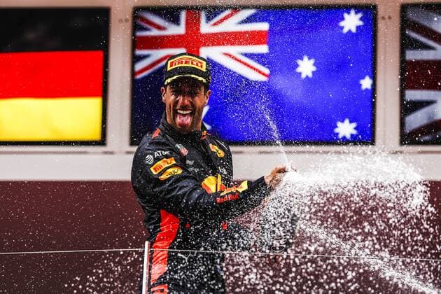 May 27, 2018 - Montecarlo, Monaco - 03 Daniel Ricciardo from Australia with Aston Martin Red Bull Tag Heuer RB14 celebrating his victory with the champagne at the podium portrait during the Race of Monaco Formula One Grand Prix at Monaco on 27th of May, 2018 in Montecarlo, Monaco. F1 Grand Prix of Monaco  - ZUMAn230 20180527_zaa_n230_651 Copyright: xXavierxBonillax