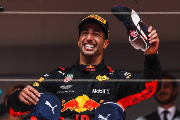 May 27, 2018 - Montecarlo, Monaco - 03 Daniel Ricciardo from Australia with Aston Martin Red Bull Tag Heuer RB14 with the shoe on his hand during the Race of Monaco Formula One Grand Prix at Monaco on 27th of May, 2018 in Montecarlo, Monaco. F1 Grand Prix of Monaco  - ZUMAn230 20180527_zaa_n230_855 Copyright: xXavierxBonillax