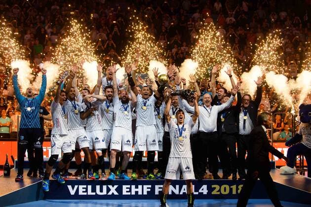 Handball, Montpellier HB gewinnt Champions League 2018.05.27 Kolonia Pilka reczna Velux EHF FINAL4 Champions League Liga Mistrzow final Montpellier wygrywa HBC Nantes - Montpellier HB N Z puchar radosc wygrana dekoracja Montpellier Foto Pawel Andrachiewicz PressFocus 2018.05.27 Cologne Handball Velux EHF FINAL4 Champions League final HBC Nantes - Montpellier HB puchar radosc wygrana dekoracja Montpellier Photo Pawel Andrachiewicz PressFocus NEWSPIX.PL --- Newspix.pl FRANCE OUT!  20180527_PF_PA166
