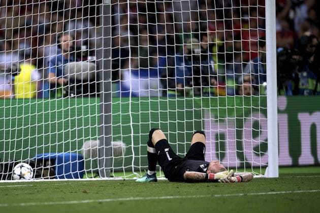 KARIUS Loris Goalkeeper Team Liverpool FC on the Ground after scoring the 3 1 UEFA Champions League Season 2017 2018 FINALE Real Madrid Liverpool FC 3 1 in Kiev Ukraine on May 26, 2018 at the Olympisnkiy Stadium in Kiev