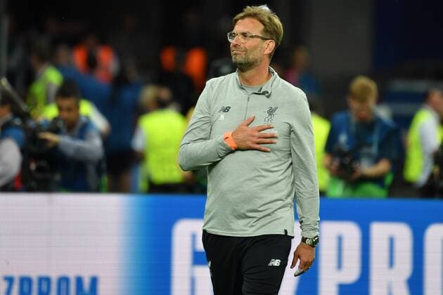 Juergen KLOPP Coach Liverpool confesses to FC Liverpool points to his heart Single shot single image Half figure Half figure Football Champions League Final 2018 Real Madrid Liverpool 3 1 Season2017 18 at 26 05 2018 Stadium NSK Olimpiyskyi