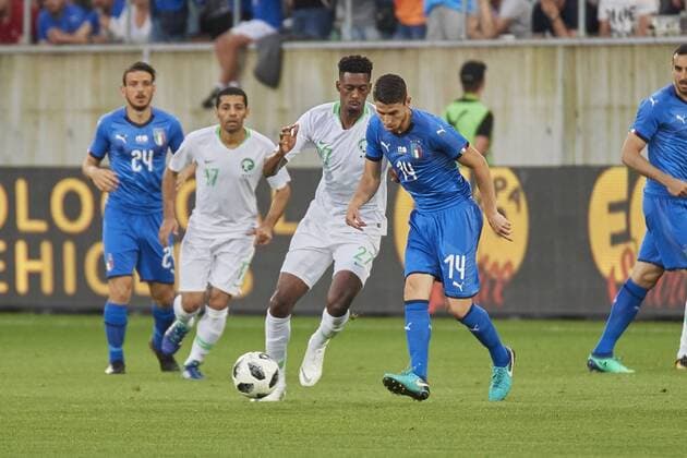 Football international friendly match Italy vs Saudi Arabia St Gallen Switzerland St Gallen Switzerland 28th May 2018 Mohamed Kanno and Jorge Luiz Jorginho during the World Cup 2018 preparation match vs Saudi Arabia match in St Gallen The national team from Saudi Arabia is using the game to prepare for the 2018 FIFA World Cup final tournament in Russia while Italy did not qualify for the World Cup finals
