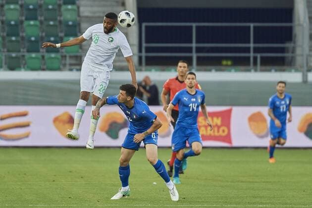 Football international friendly match Italy vs Saudi Arabia St Gallen Switzerland St Gallen Switzerland 28 May 2018 Muhannad Assiri wins a header against Alessio Romagnoli during the World Cup 2018 preparation match vs Saudi Arabia vs St Gallen The national team from Saudi Arabia is using the game to prepare for the 2018 FIFA World Cup final tournament in Russia while Italy did not qualify for the World Cup finals