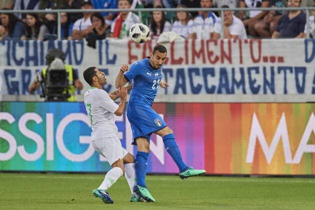 Football international friendly match Italy vs Saudi Arabia St Gallen Switzerland St Gallen Switzerland 28th May 2018 Taiseer Aljassam and Davide Zappacosta during the World Cup 2018 preparation match vs Saudi Arabia vs St Gallen The national team from Saudi Arabia is using the game to prepare for the 2018 FIFA World Cup final tournament in Russia while Italy did not qualify for the World Cup finals