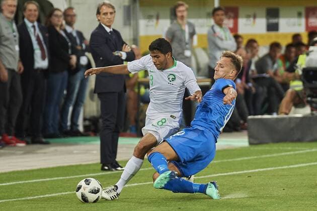 Football international friendly match Italy vs Saudi Arabia St Gallen Switzerland St Gallen Switzerland 28th May 2018 Yahya Alshehri and Domenico Criscito during the World Cup 2018 preparation match vs Saudi Arabia vs St Gallen The Saudi Arabian team is using the game to prepare for the 2018 FIFA World Cup final tournament in Russia while Italy did not qualify for the World Cup finals