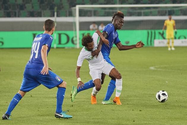 Football international friendly match Italy vs Saudi Arabia St Gallen Switzerland St Gallen Switzerland 28th May 2018 Mario Balotelli and Yasir Alshahrani during the World Cup 2018 match match Italy vs. Saudi Arabia in St Gallen The Saudi Arabian team is using the game to prepare for the 2018 FIFA World Cup final tournament in Russia while Italy did not qualify for the World Cup finals