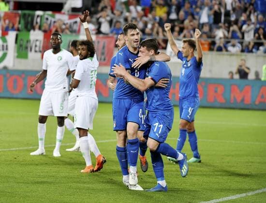 28 05 2018 St Gallen Switzerland Football Mens Season 2017 2018 Test match Italy Saudi Arabia Image shows Torjubel ITA 6 Alessio Romagnoli 11 Andrea Belotti ITA action Single image