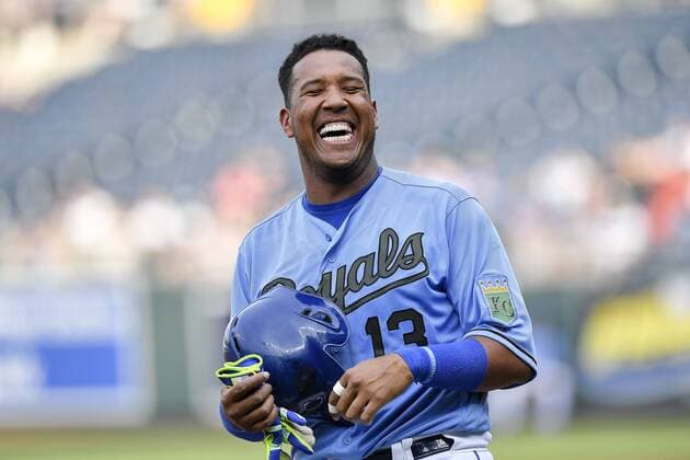 May 28, 2018 - Kansas City, MO, USA - Kansas City Royals Salvador Perez laughs while standing on third in the second inning during Monday s baseball game against the Minnesota Twins, on May 28, 2018, at Kauffman Stadium in Kansas City, Mo. Twins vs Royals - ZUMAm67_ 20180528_zaf_m67_007 Copyright: xJohnxSleezerx