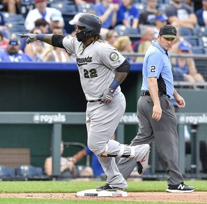 May 28, 2018 - Kansas City, MO, USA - Minnesota Twins Miguel Sano points to the dugout after hitting a two-run home run in the fifth inning during Monday s baseball game against the Kansas City Royals, on May 28, 2018, at Kauffman Stadium in Kansas City, Mo. Twins vs Royals - ZUMAm67_ 20180528_zaf_m67_016 Copyright: xJohnxSleezerx