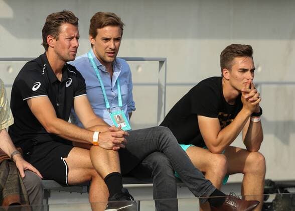 ANGELIQUE KERBER Team on the Tribune L R Trainer WIM Fissette Manager Aljoscha Throne and Physiotherapist Timo Schall Copyright: xJuergenxHasenkopfx