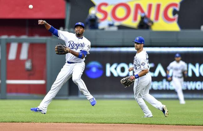 May 29, 2018 - Kansas City, MO, USA - Kansas City Royals shortstop Alcides Escobar, left, throws out the Minnesota Twins Miguel Sano at first on a ground out to end the top of the first inning on Tuesday, May 29, 2018, at Kauffman Stadium in Kansas City, Mo. Minnesota at Kansas City - ZUMAm67_ 20180529_zaf_m67_038 Copyright: xJohnxSleezerx