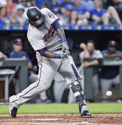 May 29, 2018 - Kansas City, MO, USA - The Minnesota Twins Miguel Sano connects on an RBI single in the third inning during against the Kansas City Royals on Tuesday, May 29, 2018, at Kauffman Stadium in Kansas City, Mo. Minnesota at Kansas City - ZUMAm67_ 20180529_zaf_m67_042 Copyright: xJohnxSleezerx