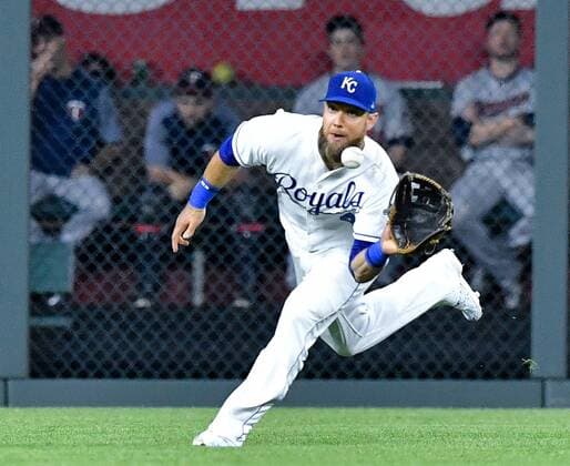 May 29, 2018 - Kansas City, MO, USA - Kansas City Royals left fielder Alex Gordon runs down a fly ball out on the Minnesota Twins Robbie Grossman in the fourth inning on Tuesday, May 29, 2018, at Kauffman Stadium in Kansas City, Mo. Minnesota at Kansas City - ZUMAm67_ 20180529_zaf_m67_044 Copyright: xJohnxSleezerx
