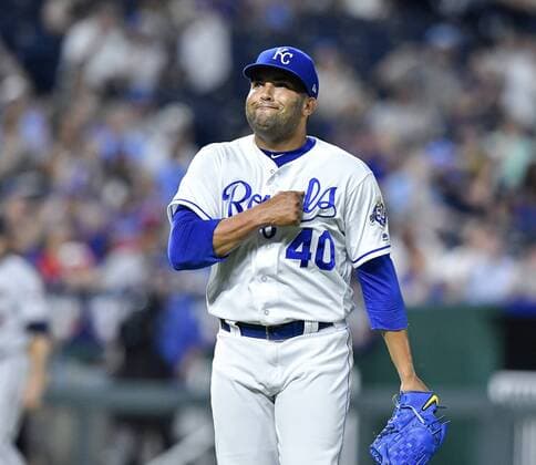 May 29, 2018 - Kansas City, MO, USA - Kansas City Royals relief pitcher Kelvin Herrera pumps his chest after getting Minnesota Twins Brian Dozier to hit a fly ball out to end the top of the ninth inning on Tuesday, May 29, 2018, at Kauffman Stadium in Kansas City, Mo. Minnesota at Kansas City - ZUMAm67_ 20180529_zaf_m67_051 Copyright: xJohnxSleezerx