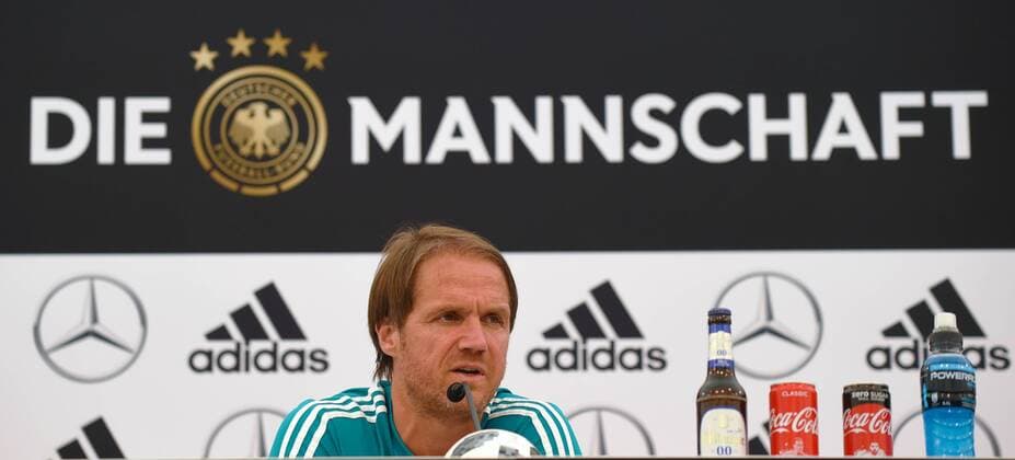 30 05 2018 Football German national team training camp in Eppan South Tyrol before the 2018 World Cup Press conference with co-trainer Thomas Schneider Niklas Süle and Frank Kramer Coach U20 Co coach Thomas Schneider Germany thoughtful