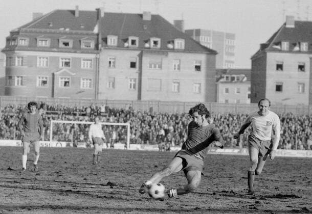 History of FC Bayern Gerd Müller scores a goal against the HSV Munich Germany stadium on the Grünwalder road