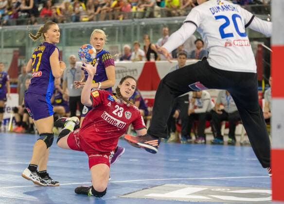 Ralpha Elena Bacaoanu ROU Laura Chiper ROU Josefine Huber AUT and Yuliya Dumanska ROU during EHF Womens European Championship Qualification match between Austria and Romania at the Tyrolean Hydropower Arena in Innsbruck Austria on 2018 05 31 Innsbruck  EX_JAK