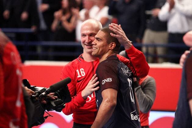 Thierry Omeyer Daniel Narcisse (Paris) HANDBALL : Lidl Starligue - 26eme journee - Paris Saint-Germain HB vs Chambery Savoie HB - 31 05 2018 KevinDomas Panoramic 