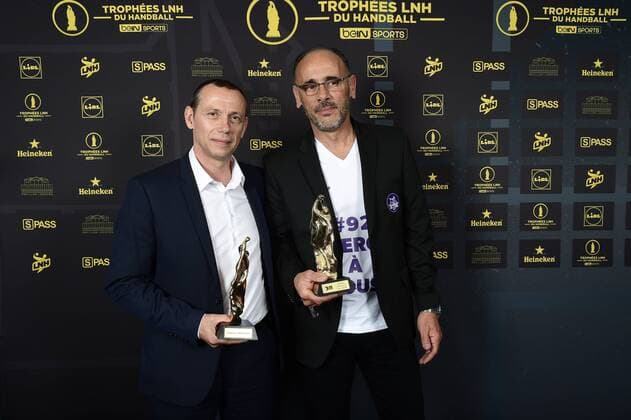 Patrice Canayer - Trophee du meilleur Entraineur de Lidl Starligue Gilles Derot - trophee du meilleur entraineur de Proligue HANDBALL : Ceremonie des trophees des champions LNH 2018 - Paris - 01 06 2018 JBAutissier Panoramic 