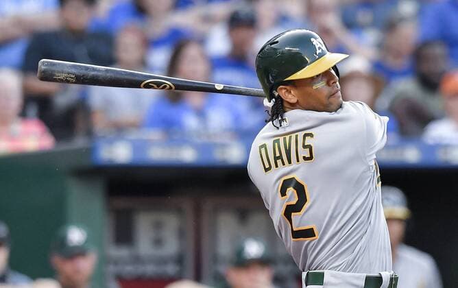 June 1, 2018 - Kansas City, MO, USA - The Oakland Athletics Khris Davis follows through on a two-run single in the third inning against the Kansas City Royals on Friday, June 1, 2018, at Kauffman Stadium in Kansas City, Mo. Oakland at Kansas City - ZUMAm67_ 20180601_zaf_m67_008 Copyright: xJohnxSleezerx