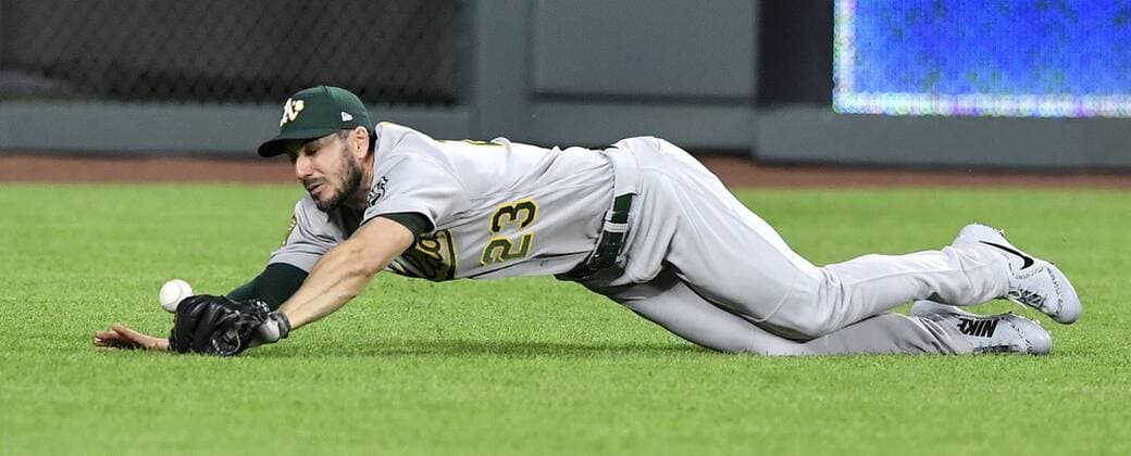 June 1, 2018 - Kansas City, MO, USA - Oakland Athletics right fielder Matt Joyce couldn t reach a double by the Kansas City Royals Whit Merrifield in the sixth inning on Friday, June 1, 2018, at Kauffman Stadium in Kansas City, Mo. The A s won, 16-0. Oakland at Kansas City - ZUMAm67_ 20180601_zaf_m67_024 Copyright: xJohnxSleezerx