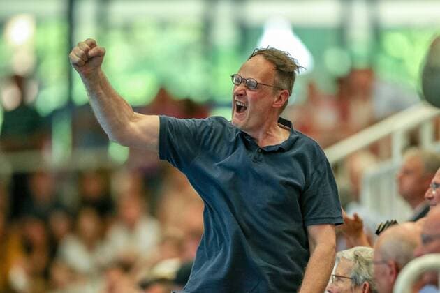 A fan of TUSEM Essen cheers with clenched fist at the game TUSEM Essen vs Wilhelmshavener HV Handball 2 Bundesliga 02 06 2018 TUSEM Essen vs Wilhelmshavener HV Handball 2 Bundesliga 02 06 2018 Essen Copyright: xEIBNER MarioxHommesx EP_MHS