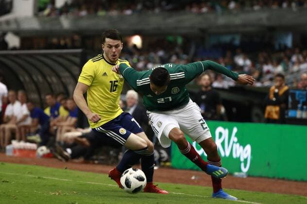 WM 2018, Testspiel, Mexiko - Schottland Mexico s player Hugo Ayala (R) vies for the ball against Scotland s Lewis Morgan (L) during the friendly match between Mexico and Scotland on the way to the 2018 World Cup in Russia, held at the Azteca stadium in Mexico City, Mexico, on 2 June 2018. MEXICO VS SCOTLAND !ACHTUNG: NUR REDAKTIONELLE NUTZUNG!  Copyright: xJoséxMéndezx MEX52 20180603-636635954927480030