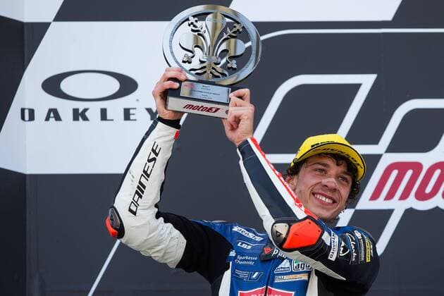 June 3, 2018 - Mugello, FI, Italy - Marco Bezzecchi of PruestlGP celebrate the second place of the Moto 3 Oakley Grand Prix of Italy, at International Circuit of Mugello, on May 31, 2018 in Mugello, Italy MotoGp Of Italy - Moto 3 Podium  - ZUMAn230 20180603_zaa_n230_520 Copyright: xDaniloxDixGiovannix