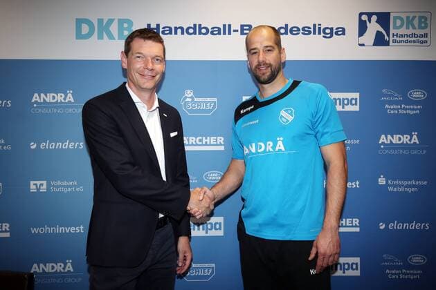 TVB Stuttgart Press Conference Germany Stuttgart 03 06 2018 Handball DKB Bundesliga Season 2017 2018 TVB Stuttgart Press Conference v l Christian May Spokesman of the shareholders Jürgen Schweikhardt old and new coach