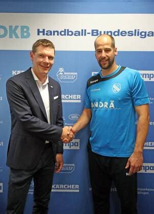 TVB Stuttgart Press Conference Germany Stuttgart 03 06 2018 Handball DKB Bundesliga Season 2017 2018 TVB Stuttgart Press Conference v l Christian May Spokesman of the shareholders Jürgen Schweikhardt old and new coach