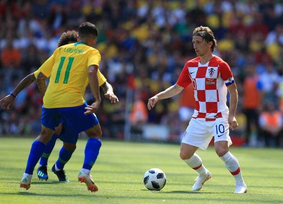 3rd June 2018, Anfield, Liverpool, England; International Football friendly, Brazil versus Croatia; Luka Modric of Croatia takes on Phillippe Coutinho of Brazil  ActionPlus12032262 DavidxBlunsden