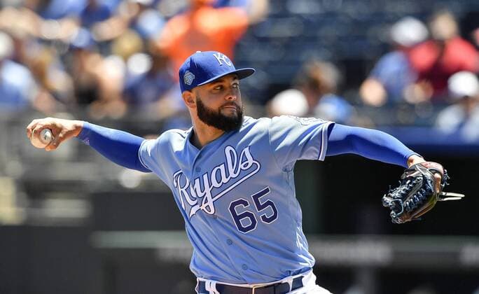 June 3, 2018 - Kansas City, MO, USA - Kansas City Royals starting pitcher Jakob Junis throws in the first inning against the Oakland Athletics on Sunday, June 3, 2018, at Kauffman Stadium in Kansas City, Mo. Oakland Athletics vs. Kansas City Royals - ZUMAm67_ 20180603_zaf_m67_013 Copyright: xJohnxSleezerx