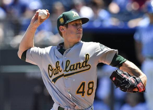 June 3, 2018 - Kansas City, MO, USA - Oakland Athletics starting pitcher Daniel Gossett throws in the first inning against the Kansas City Royals on Sunday, June 3, 2018, at Kauffman Stadium in Kansas City, Mo. Oakland Athletics vs. Kansas City Royals - ZUMAm67_ 20180603_zaf_m67_014 Copyright: xJohnxSleezerx
