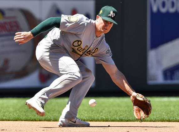 June 3, 2018 - Kansas City, MO, USA - Oakland Athletics third baseman Matt Chapman stops a ground out by Kansas City Royals Hunter Dozier for an out in the seventh inning on Sunday, June 3, 2018, at Kauffman Stadium in Kansas City, Mo. Oakland Athletics vs. Kansas City Royals - ZUMAm67_ 20180603_zaf_m67_032 Copyright: xJohnxSleezerx