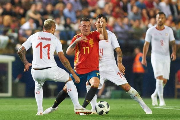 June 3, 2018 - Vila-Real, Castellon, Spain - Iago Aspas of Spain and Valon Behrami of Suisse during the International Friendly Länderspiel football match between Spain and Suisse, at La Ceramica Stadium, Vila-real on June 3, 2018 Spain v Switzerland - International Friendly  - ZUMAn230 20180603_zaa_n230_855 Copyright: xMariaxJosexSegoviax