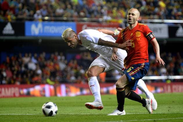 Valon Behrami Udinese Calcio Andres Iniesta FC Barcelona during a Spain match against Spain in La Ceramica Stadium Villarreal Spain on 03 June of 2018  xJosexBreton CordonxPressx xSpainxvxSwitzerlandx-xInternationalxFriendlyx