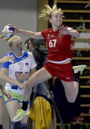 Czech VERONIKA MALA (right) and Slovenian JANJA REBOLJ in action during the final game Czech Republic vs. Slovenia in Group 5 of the women s European handball championship in Most, Czech Republic, June 3, 2018. (CTKxPhoto OndrejxHajek) CTKPhotoP201806030552901  HAJ 13