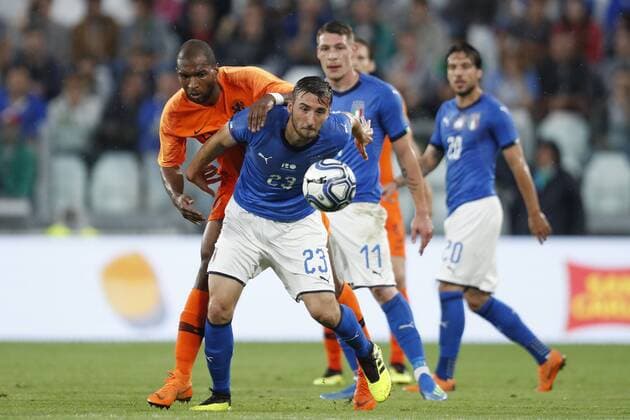 (l-r) Ryan Babel of Holland, Bryan Cristante of Italy, Andrea Belotti of Italy, Simone Verdi of Italy during the International Friendly Länderspiel match between Italy and The Netherlands at Allianz Stadium on June 04, 2018 in Turin, Italy International friendly match 2017 2018 xVIxVIxImagesx xMauricexvanxSteenxIVx 11130861