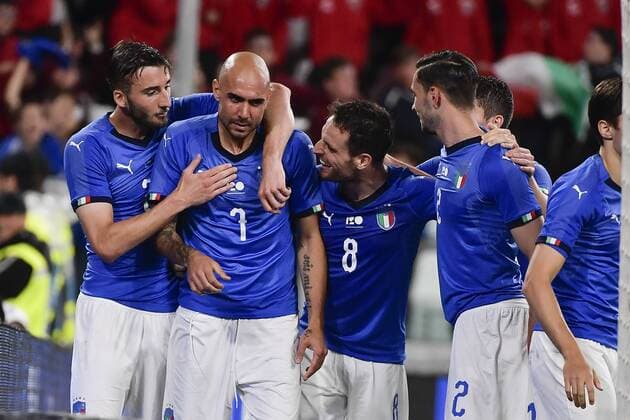 Photo LaPresse - Marco Alpozzi June 4, 2018 Turin ( Italy ) Italy vs Netherlands - friendly match - Allianz Arena Stadium of Turin. in the pic: Simone Zaza (Italy)celebrating goal  Copyright: xLaPresse MarcoxAlpozzix